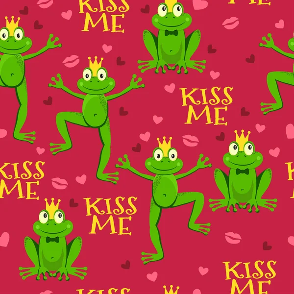 귀여운 개구리와 입술, 마음 웃 기 완벽 한 패턴입니다. 행복 한 동물 벡터 배경입니다. 키스해 주세요. — 스톡 벡터