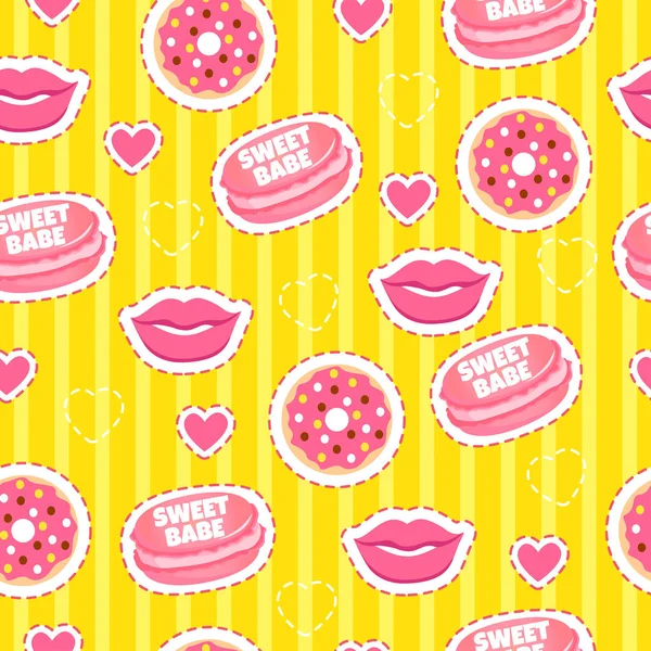 Модный бесшовный узор с модными наклейками для девушки: пончики, губы, сердечки и макароны. Милая малышка. Желтый сладкий фон . — стоковый вектор