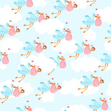 Leylek uçan bulutlar ve çocuklar sevimli desenle. Kuşlar ve bebek çok güzel arka plan. 