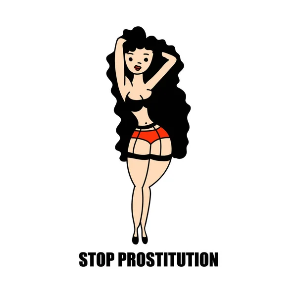 Fermate la prostituzione. banner vettoriale con ragazza sexy in stile cartone animato su uno sfondo bianco . — Vettoriale Stock