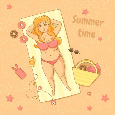 Yaz saati. Üstten Görünüm seksi kız, güneş gözlüğü, çanta, çörek, deniz kum üstünde smartphone. Vektör çizim karikatür tarzı. Güzel yaz tatil arka plan. 