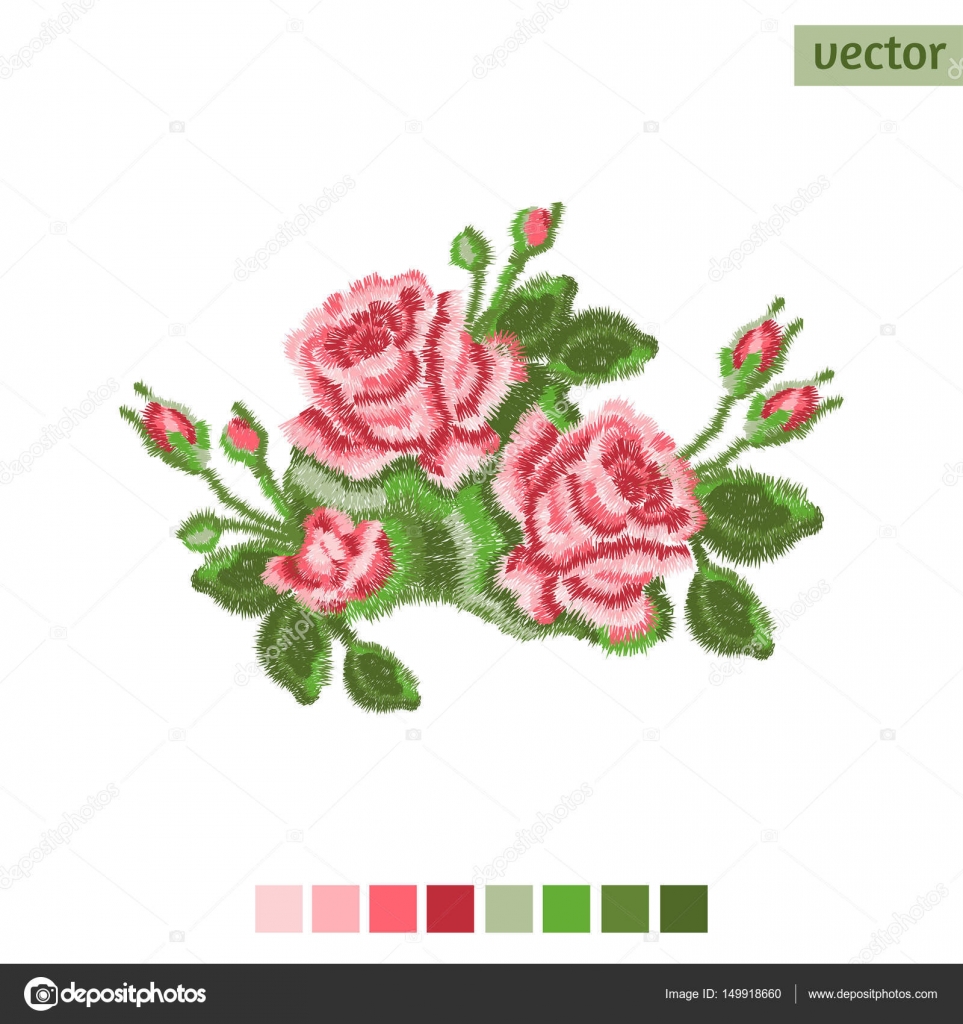 Rose rosa bouquet ricamo sulla tavolozza dei colori di sfondo bianco Illustrazione disegnata a mano