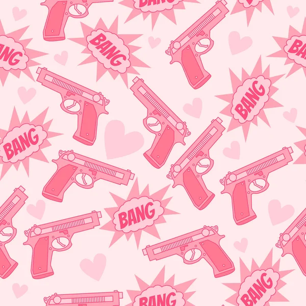 粉红色的无缝模式与枪支、 爆炸、 心。有趣的背景。情人节快乐. — 图库矢量图片