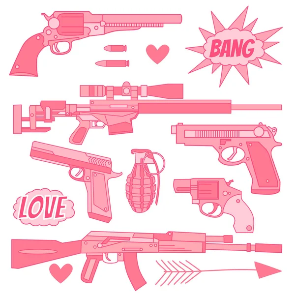 L'ensemble d'armes de couleur rose : grenade, fusil de chasse, pistolet, fusil, mitrailleuse, balle, revolver et éléments de conception. Collection vectorielle avec icône cool sur fond blanc . — Image vectorielle