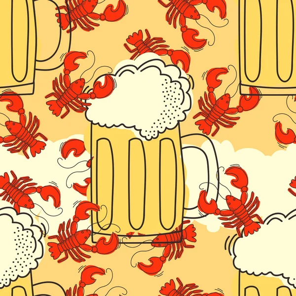 Seamless pattern with big beer and red cancer. Drink background. — Stock Vector