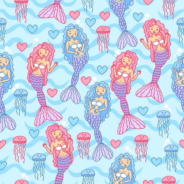 Kouzelné mořské panny a medúzy plavat ve vlnách lásky. Roztomilý vektorové pozadí s mořských obyvatel. Vzor bezešvé s moře života a barevná srdce. — Stockový vektor