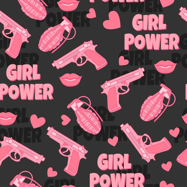 Опасный бесшовный рисунок с пистолетом, гранатом, губами и сердцами. Феминистское происхождение. Женская сила. Любовь . — стоковый вектор