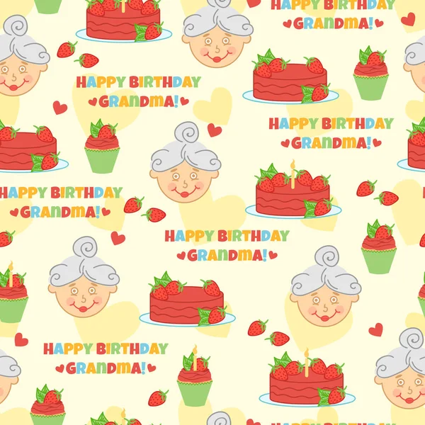 Happy Birthday mormor. Söta mönster med tårta, jordgubb, hjärtan och mor. — Stock vektor