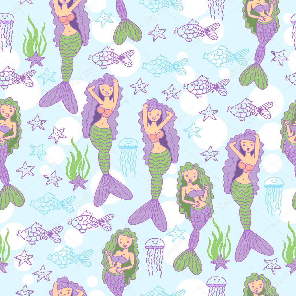 Seamless pattern with mermaids, starfish and fish. Sea life background. 