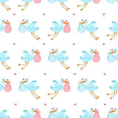Leylek, Bebek ve kalpleri ile çok sevimli seamless modeli. Güzel arka plan. Mutlu ol. 