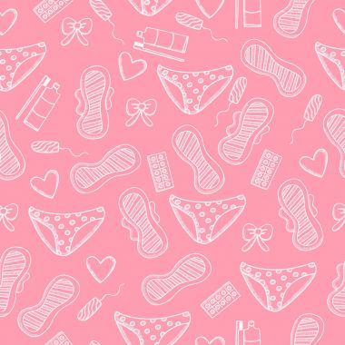 Kadın hijyen öğeleri. Yastıkları, külot, tampon, tablet, yay, diş macunu ve kalpleri ile Seamless Modeli.