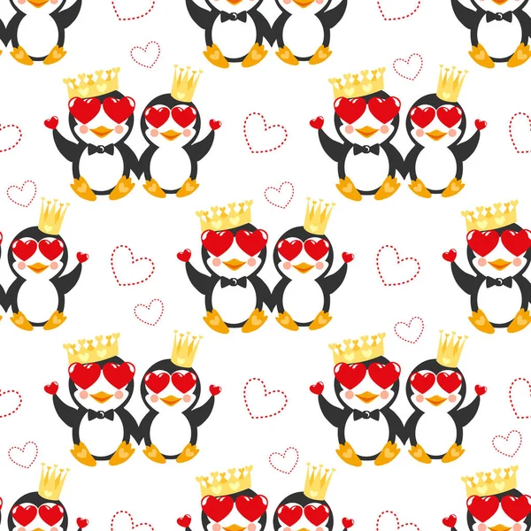 Grappige patroon met pinguïn, kroon en harten. Achtergrond met gelukkige paar dier. — Stockvector