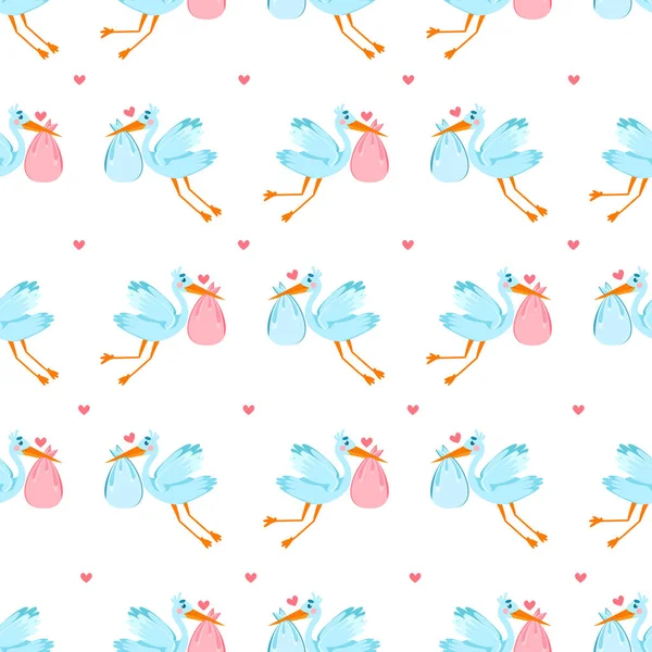 Very cute seamless pattern with stork, baby and hearts. Lovely background. Be happy. — Stock Vector