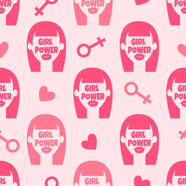Фемінізм безшовний візерунок з абстрактною дівчиною-обличчям, серцями та елементом дизайну. Рожевий фон . — стоковий вектор