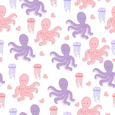Deniz ahtapot, Deniz anası ve kalp ile seamless modeli. Sevimli deniz arka plan. 