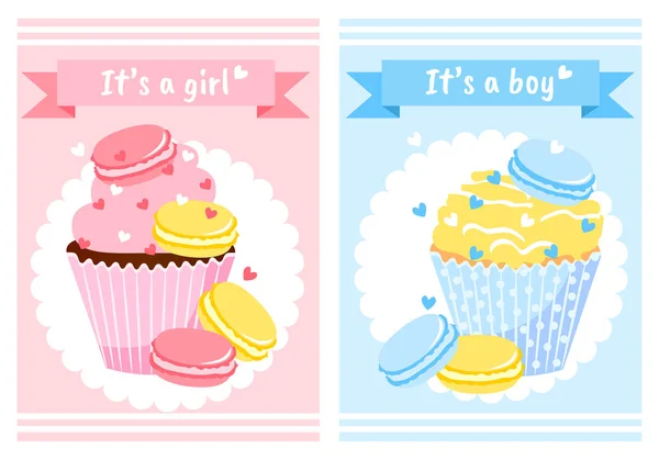 Baby Shower. Cute postcard for girl and boy with cupcakes, macaroons and hearts. Vector illustration with candy. It's a girl. It's a boy. — Stock Vector