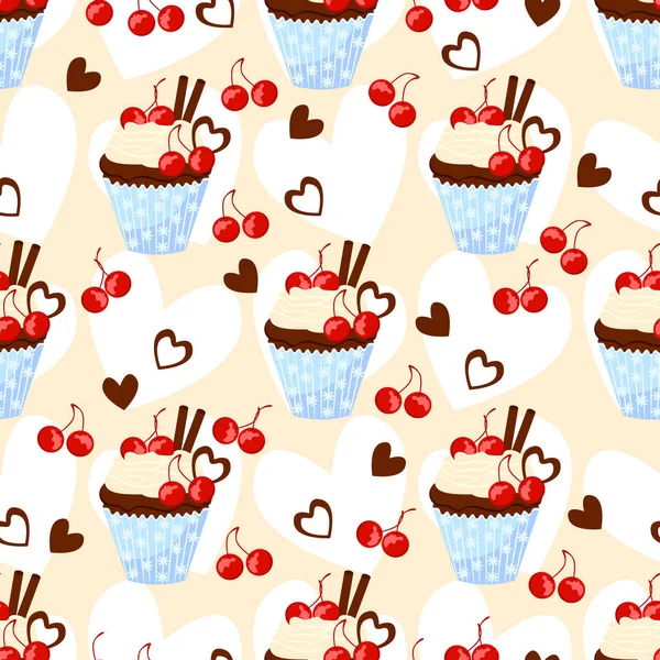 Nahtloses Muster mit Cupcake, Schokoladenherzen und Kirsche. Vektor Hintergrund mit leckerem Essen. — Stockvektor