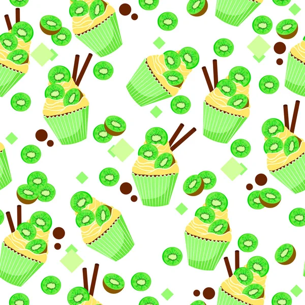 Tasty seamless pattern with sweet cupcake, kiwi fruit and wafer rolls. Vector tasty background. — Stock Vector