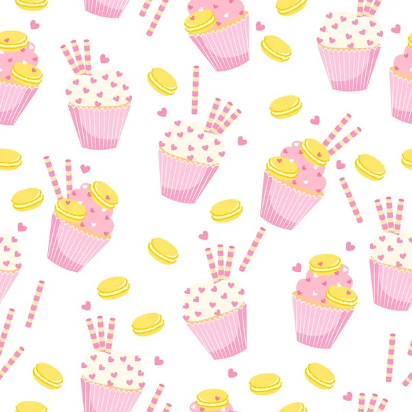 Nahtloses Muster mit Cupcake, Waffelrollen, Makronen und Herz. Vektor schmackhafter Hintergrund mit handgezeichneten Maffins. — Stockvektor