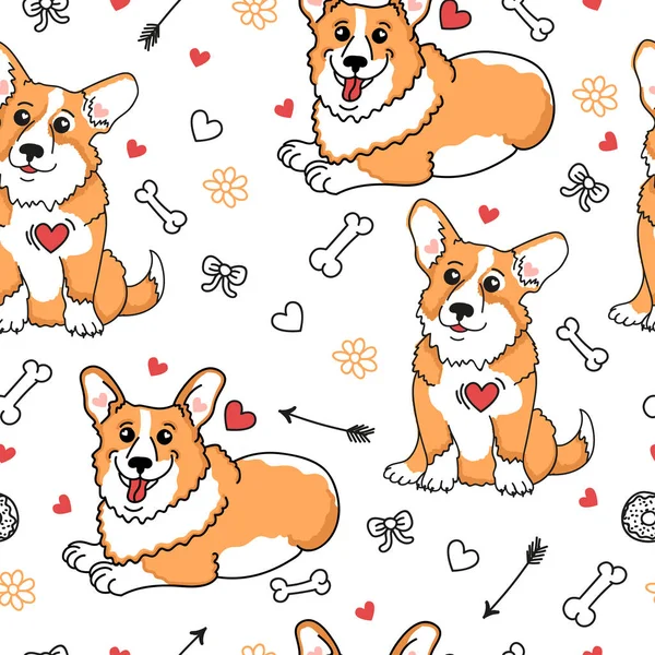 Very cute seamless pattern with corgi and funny  element. Funny dog background. — Stock Vector