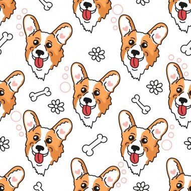 Köpek yavrusu ve komik öğe ile vektör arka plan. Galce corgi ile şirin seamless modeli.