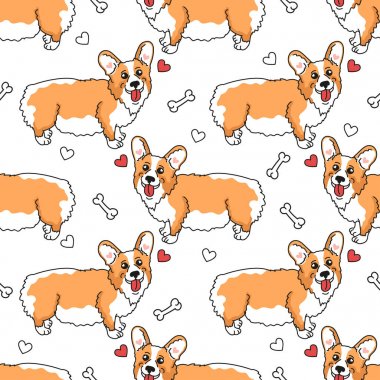 Komik şişman corgi. Sevimli köpek karikatür tarzı ile Seamless modeli. Hayvan ile vektör arka plan. 