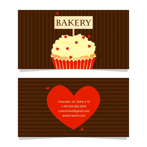 Besök kort, inbjudan, gratulationskort. Denna fil kan användas för reklam, print design. Röd vektor visitkort designmallar med söta cupcakes och hjärtan för baker. — Stock vektor
