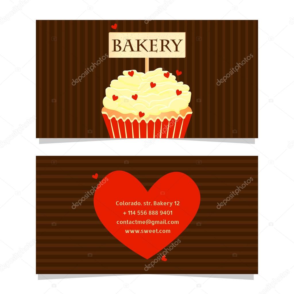 Visit card, invitation, greeting card.This file can be used for advertising, print design. Red vector Business card design templates with sweet cupcakes  and hearts for baker.