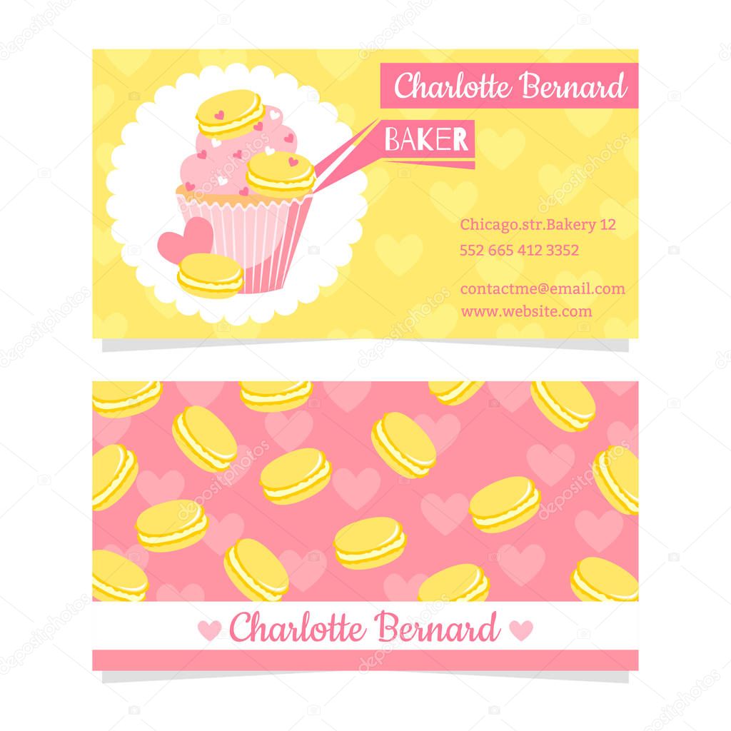 Visit card, invitation, greeting card.This file can be used for advertising, print design.  Vector Business card design templates with sweet cupcakes, macaroons and hearts for baker.