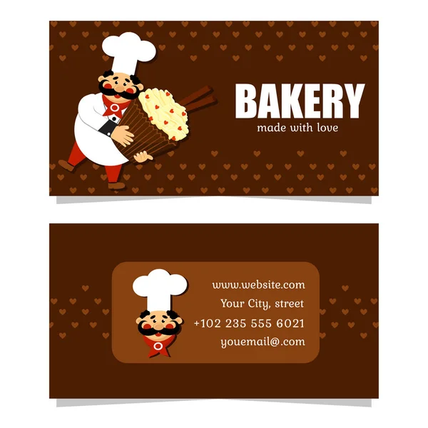 Шоколадная визитная карточка с мультяшным шеф-поваром и кексами. Векторный шаблон для пекарни. Итальянский повар . — стоковый вектор