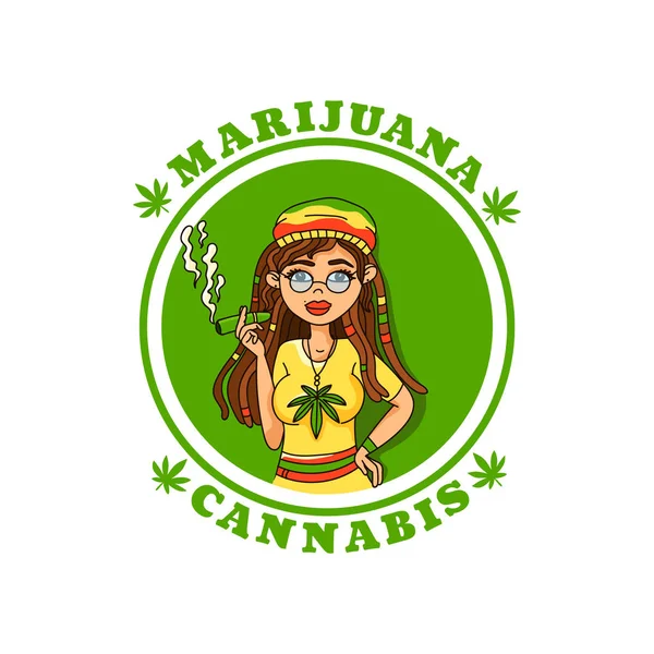 Etikett med rastafari tjej. Marijuana, cannabis. Medicinsk logotyp med kvinna. — Stock vektor