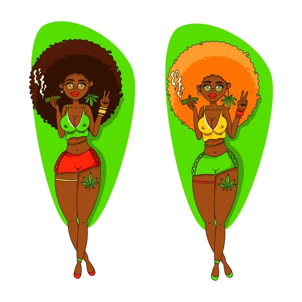 Vektorové ilustrace s dvěma africká americká sexy dívka. Kouření marihuany dáma. — Stockový vektor