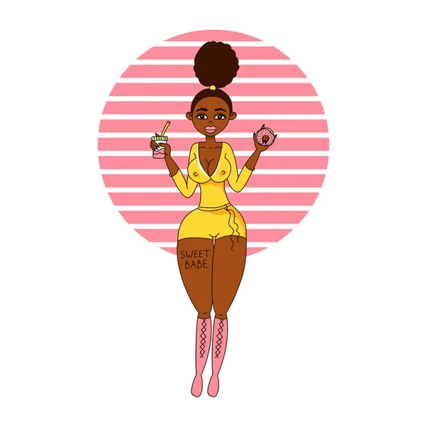 Young african american girl with drink and donut. Vector illustration with sexy woman. — Stock Vector