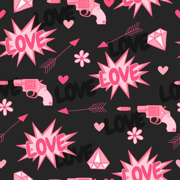 Feliz día de San Valentín. Patrón original sin costuras con pistolas, amor, flecha, corazones y flores . — Vector de stock