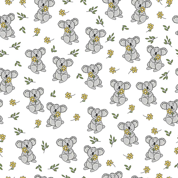 Varrat nélküli mintát aranyos koala, virágok és levelek. Vector háttér nagyon szép állat. — Stock Vector
