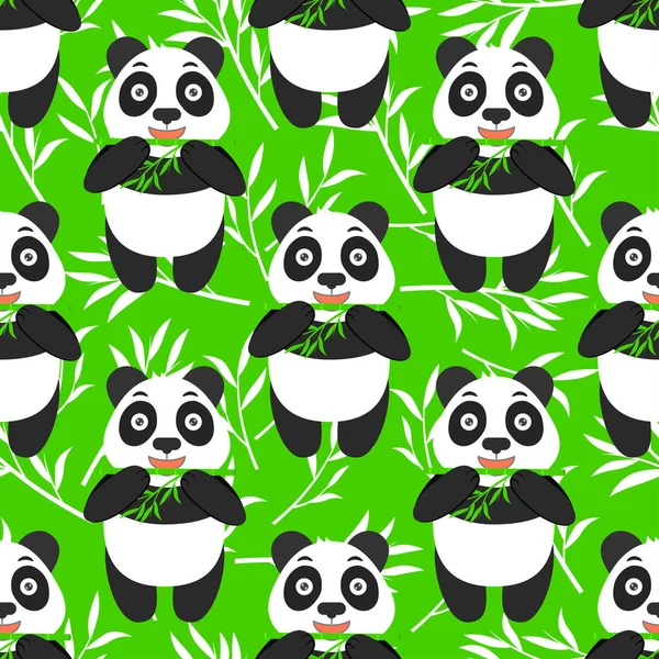 대나무와 귀여운 팬더 중국 완벽 한 패턴입니다. 재미 있는 동물 녹색 벡터 배경. — 스톡 벡터
