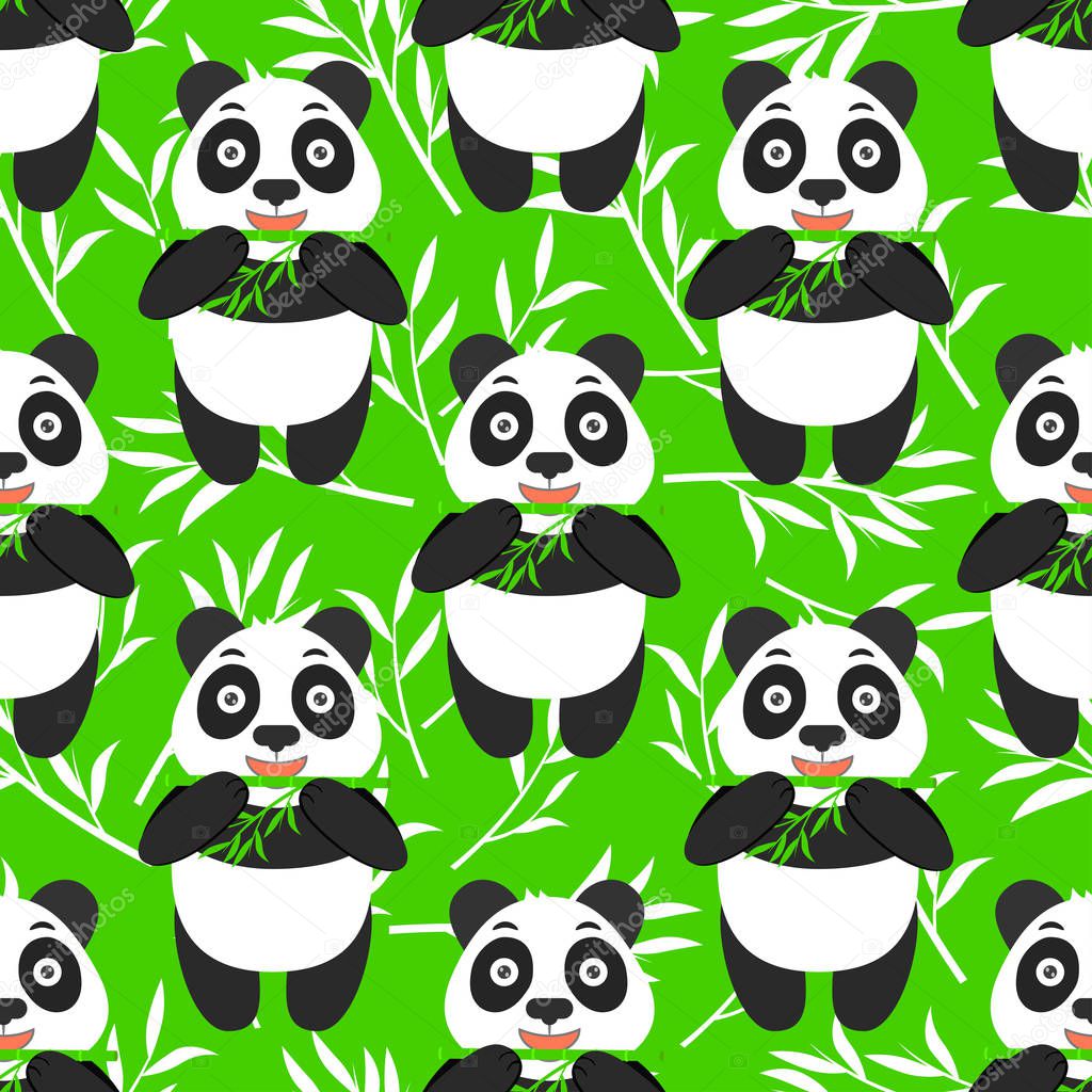 Chinese seamless pattern with bamboo and cute panda. Green vector background with funny animal.