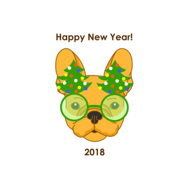 Yeni Yılınız Kutlu Olsun. Beyaz bir arka plan üzerinde yeni yıl bardaklarda Bulldog Fransız. Festival vektör çizim. İyi Bayramlar.