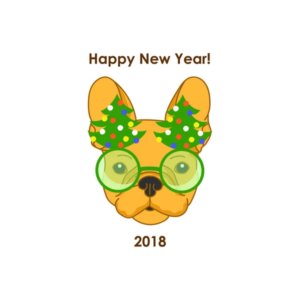Frohes neues Jahr. Französische Bulldogge mit Neujahrsbrille auf weißem Hintergrund. festliche Vektorillustration. frohe Feiertage. — Stockvektor