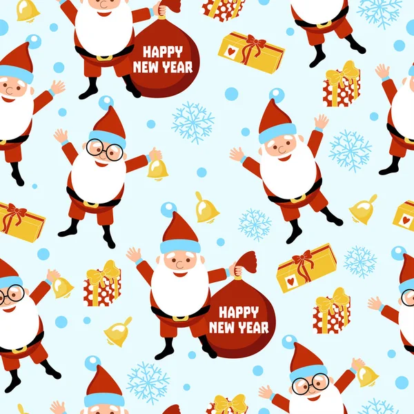 Fond du Nouvel An avec le Père Noël, cloches, cadeaux et flocons de neige. Joyeuses fêtes. Joyeux Noël. Modèle sans couture vectoriel . — Image vectorielle