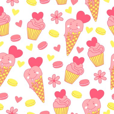 Dondurma, cupcake kurabiye, Kalpler ve çiçekler ile tatlı seamless modeli. Sevimli vektör arka plan.