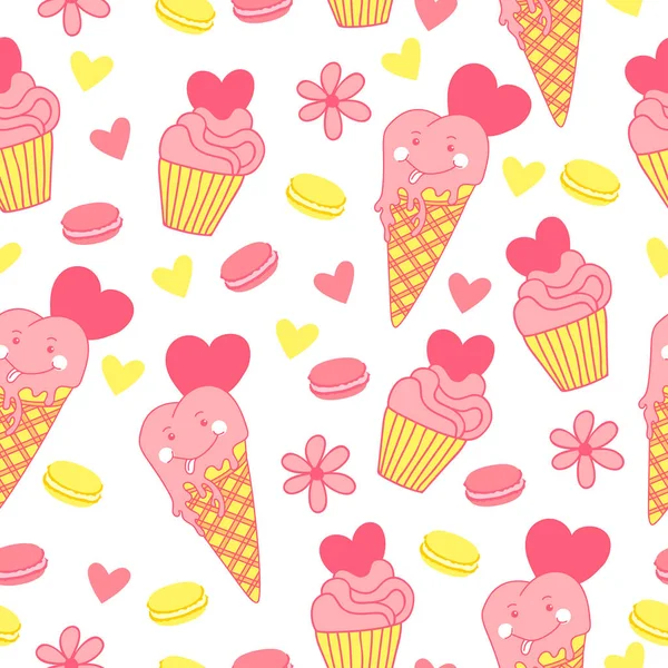 Dondurma, cupcake kurabiye, Kalpler ve çiçekler ile tatlı seamless modeli. Sevimli vektör arka plan.