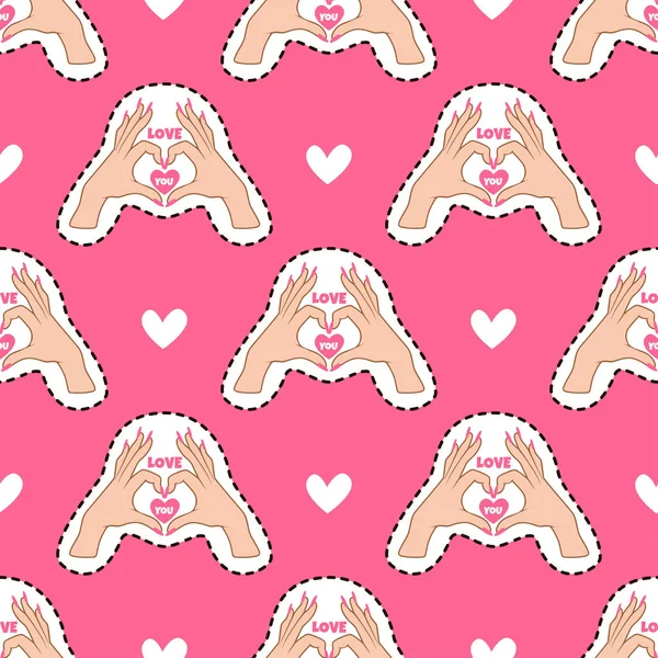 Happy Valentine's Day. Roze patroon met hart en handen. Ik hou van je. Mooie achtergrond. — Stockvector