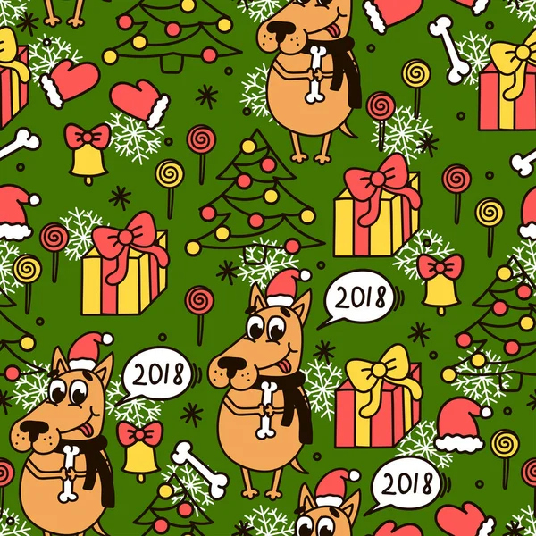 Karikatür köpek, xmas ağacı, hediyeler, çan, lolipop, candys ve kar taneleri ile yeşil seamless modeli. Tatil arka plan. — Stok Vektör