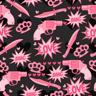 Love. Dangerous love. Funny pattern with pink guns, knife, brass knuckles and more hearts. clipart