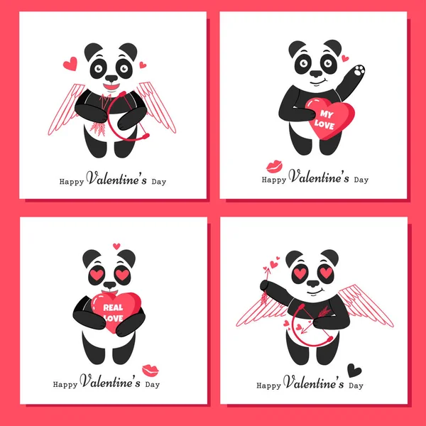 Urlaubskarten mit Panda-Amor, Herz und Kuss. Glücklicher Valentinstag. liebe dich. — Stockvektor