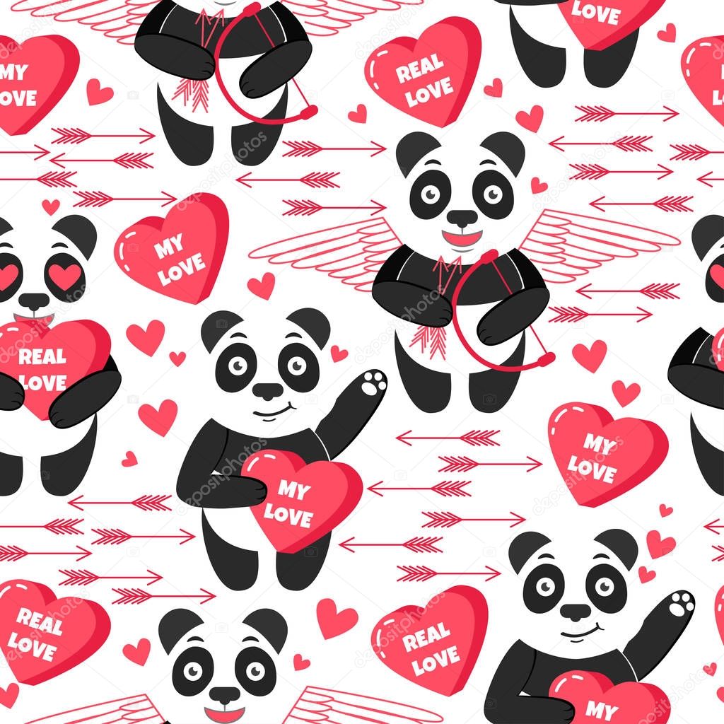 Funny panda. Hand drawn holidays background with cute animal, arrow and hearts. My Love. Sweet seamless pattern. 
