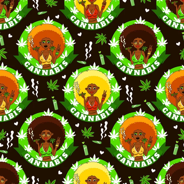 Cannabis-Mädchen. nahtloses Muster mit afrikanisch-amerikanischen Mädchen, Rauch, Feuerzeug, Marihuana und Herzen. rastafarischer Hintergrund. — Stockvektor