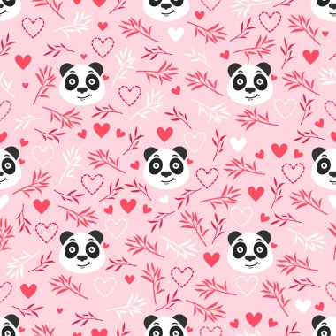 Panda, bambu, kalp, sevgi ile vektör arka plan. Tatil seamless modeli. Sevgililer günün kutlu olsun. 