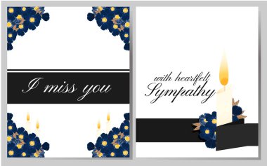 I miss you. Funeral card. Vector set with mourning flowers, candle and design elements.  clipart